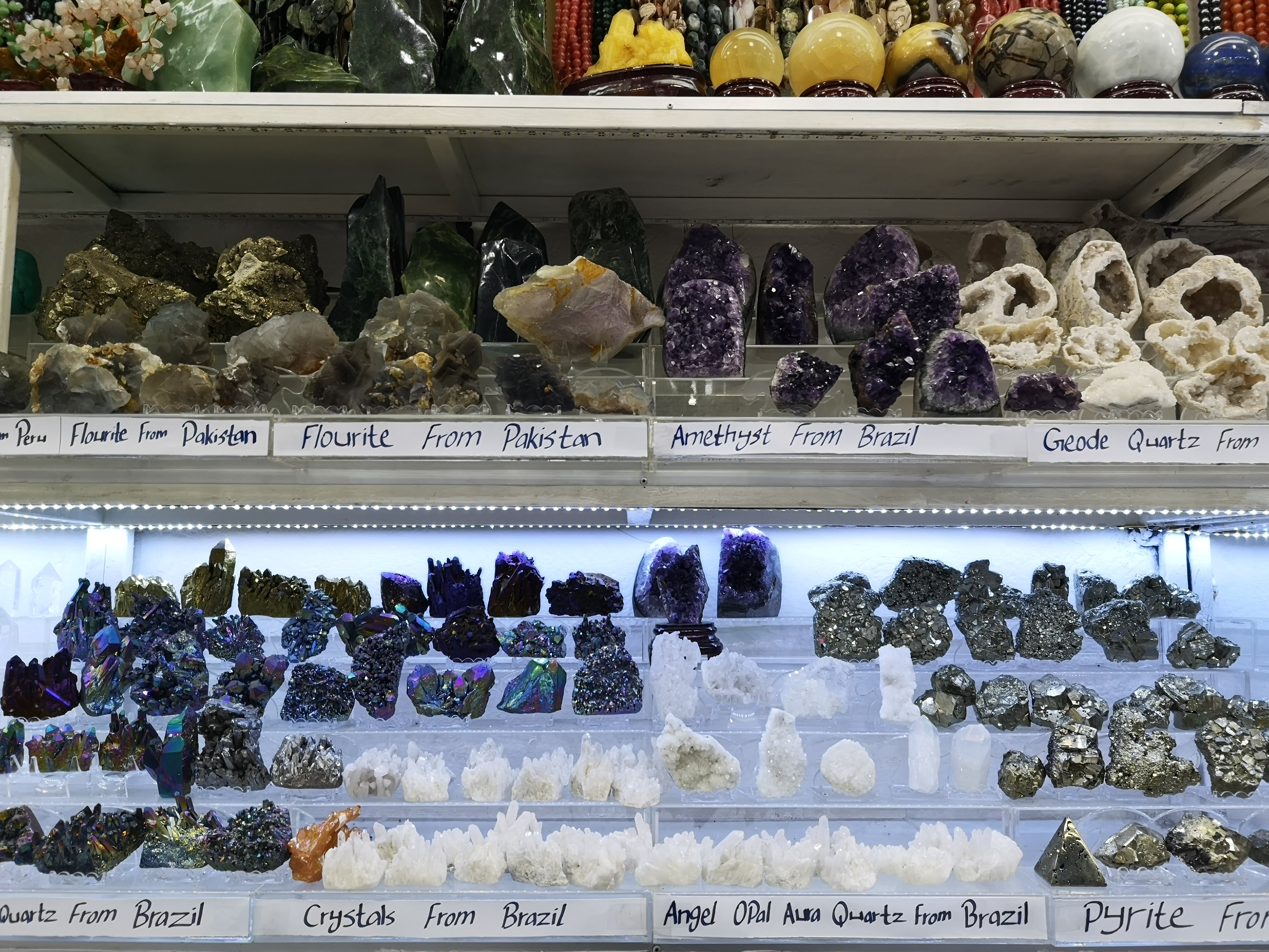 Mineral specimen display, Chanthaburi, Thailand, 2019